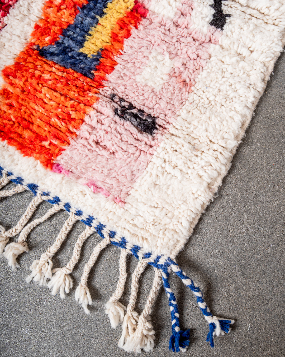 Modern, designer, handcrafted Berber rug from Morocco. Beniourain carpet with beautiful colours and patterns and fluffy wool texture.